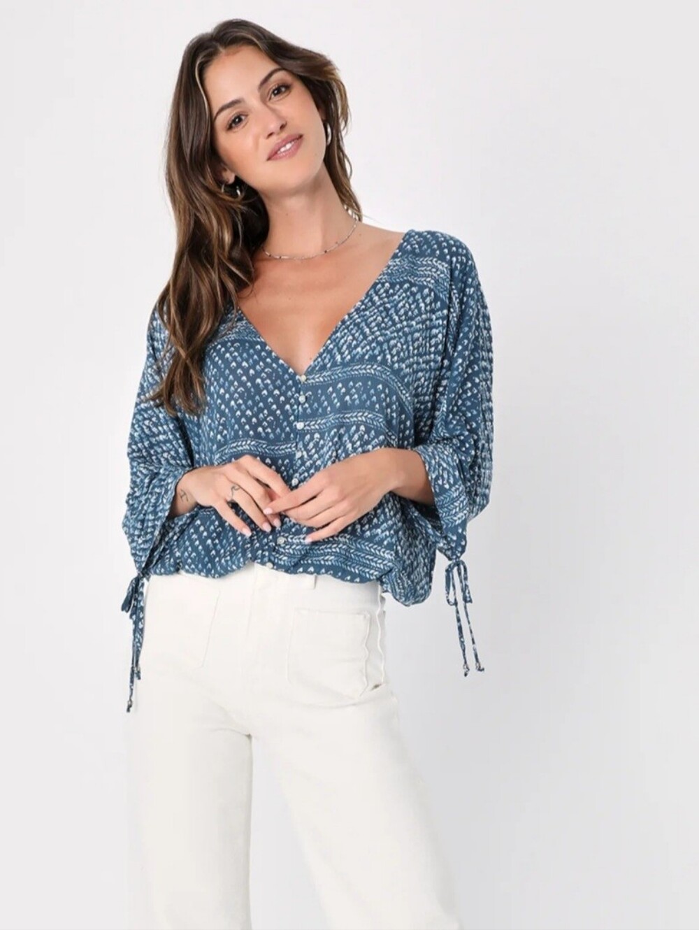 Lulu's Navy and White Printed Button-Front Blouse